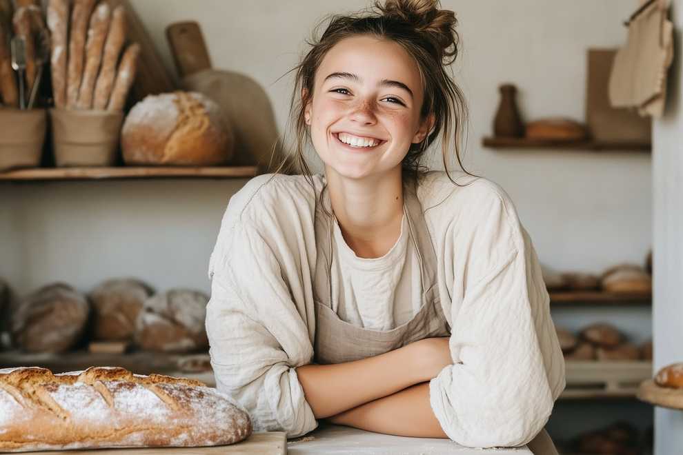 Ein junges Mädchen steht am Tresen einer Bäckerei. Neben ihr ein frisch gebackenes Brot und im Hintergrund weitere Backwaren.