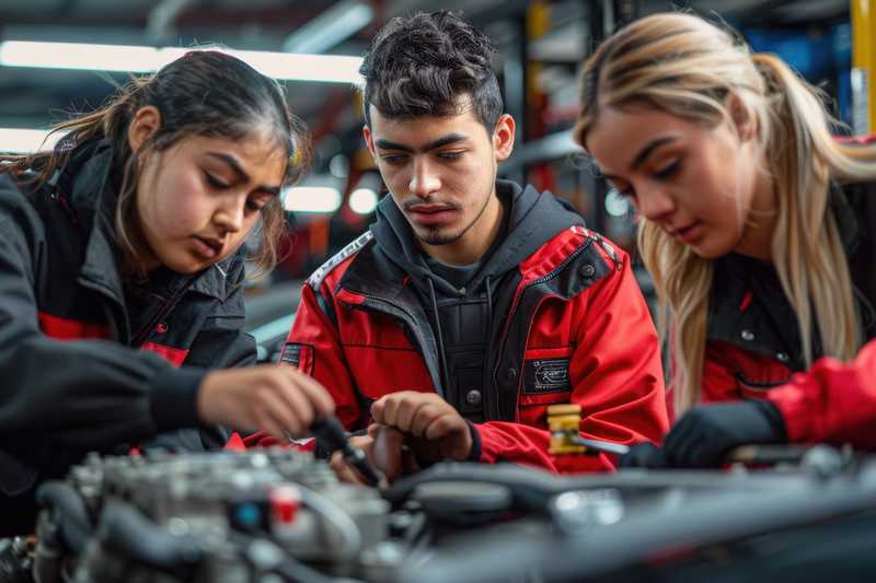 Zwei Schülerinnen und ein Schüler werkeln an einem Auto.