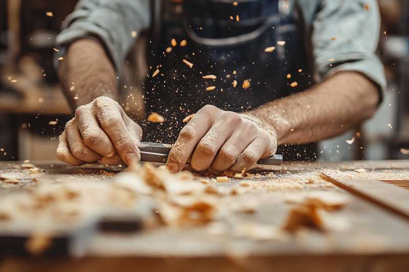 Ein Handwerker hobelt Holz, dabei fliegen Späne in die Luft. Die Hände sind im Fokus, im Hintergrund trägt die Person eine Latzschürze.
